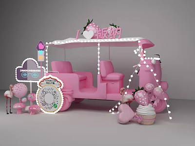 Pink Food Cart Decoration with Flamingo Cupcakes Ice Cream and String Lights 3d model