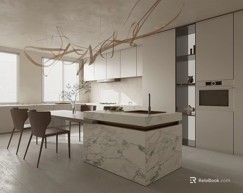 Modern Restaurant Kitchen Interior With Marble Island Cabinets Dining Table And Chairs 3d model