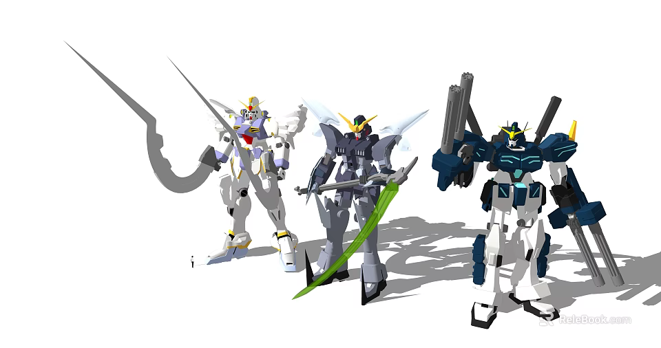 Colorful Gundam Model Figures With Swords Guns And Posing Stances 3d model