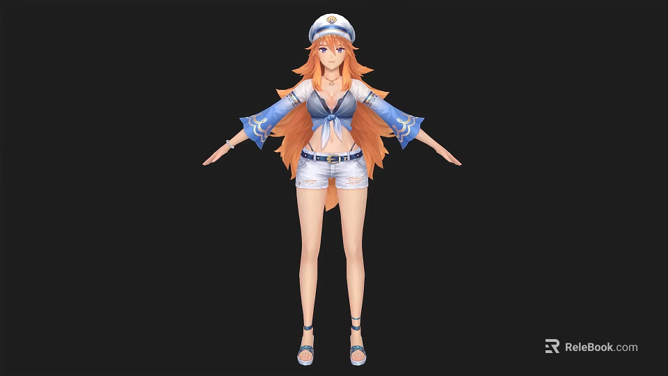 Woman with White Hat Orange Long Hair Blue White Top White Shorts Sandals Arms Outstretched 3d model 