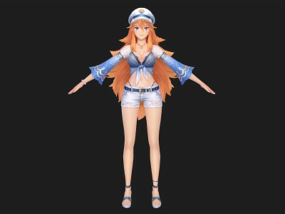 Woman with White Hat Orange Long Hair Blue White Top White Shorts Sandals Arms Outstretched 3d model