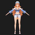 Woman with White Hat Orange Long Hair Blue White Top White Shorts Sandals Arms Outstretched