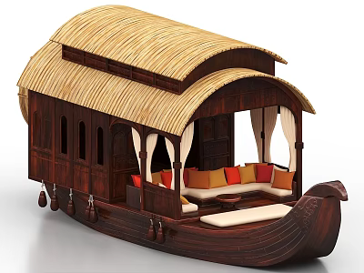 Traditional Houseboat With Bamboo Roof Wooden Structure Interior Sofa And Cushions 3d model