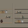 Stylish Wall Mounted Shelving Units With Jars Bottles and Decorative Sculpture