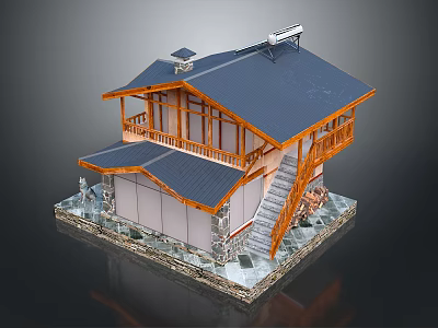 Cartoon Style Wooden House Model With Blue Roof Balcony Staircase Stone Base And Statues 3d model