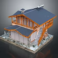 Cartoon Style Wooden House Model With Blue Roof Balcony Staircase Stone Base And Statues