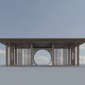 Modern Landscape Pavilion With Circular Arch Glass Screens And Columns Under Blue Sky White Clouds