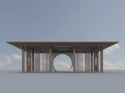 Modern Landscape Pavilion With Circular Arch Glass Screens And Columns Under Blue Sky White Clouds 3d model