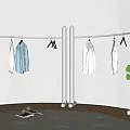 Modern Stainless Steel Clothes Hanger With Hanging Shirts In Bedroom White Wall Round Carpet