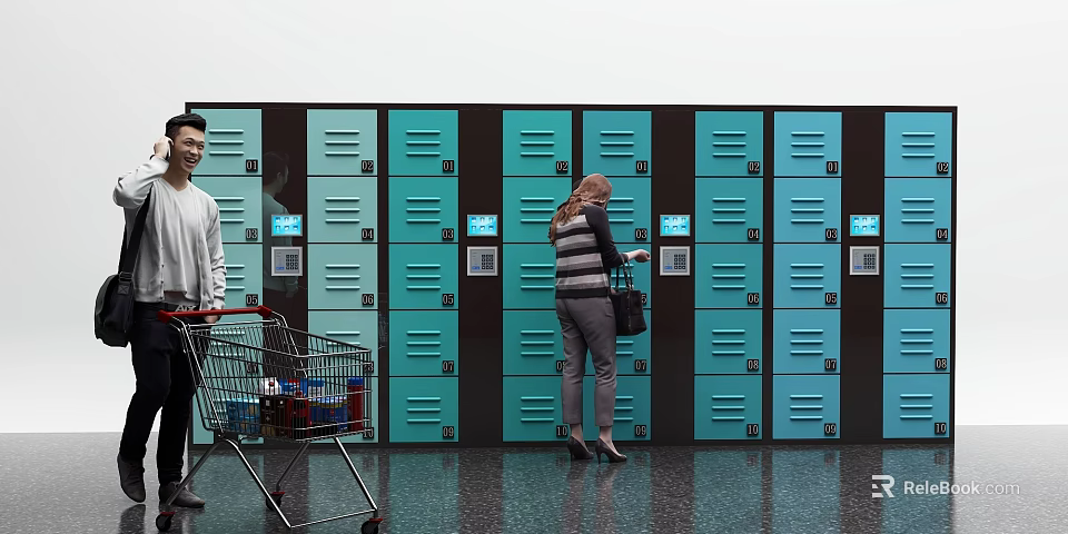 Public Locker Area With People Using Electronic Lockers And Shopping Cart 3d model 