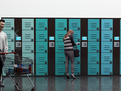 Public Locker Area With People Using Electronic Lockers And Shopping Cart 3d model