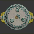 Ceramic Sculpture Carving Lidded Vessel With Floral Patterns And Colorful Decorative Handles