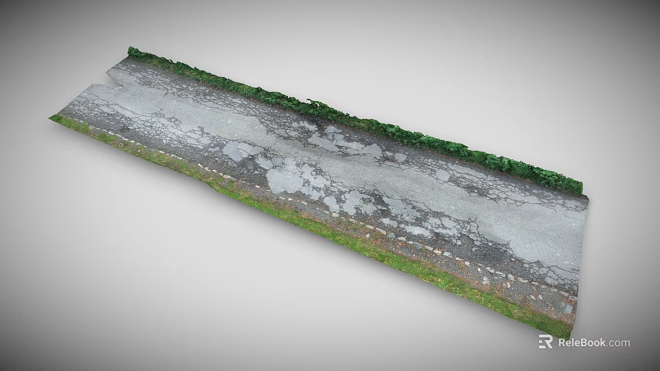 Cracked Gray Asphalt Road Surface With Green Vegetation On Edges 3d model 