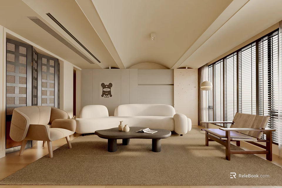 Modern Living Room Interior With Beige Sofa Wooden Armchair Round Coffee Table Carpet Window Blinds 3d model 