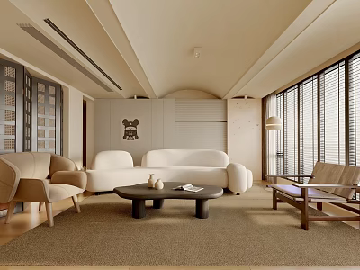 Modern Living Room Interior With Beige Sofa Wooden Armchair Round Coffee Table Carpet Window Blinds 3d model