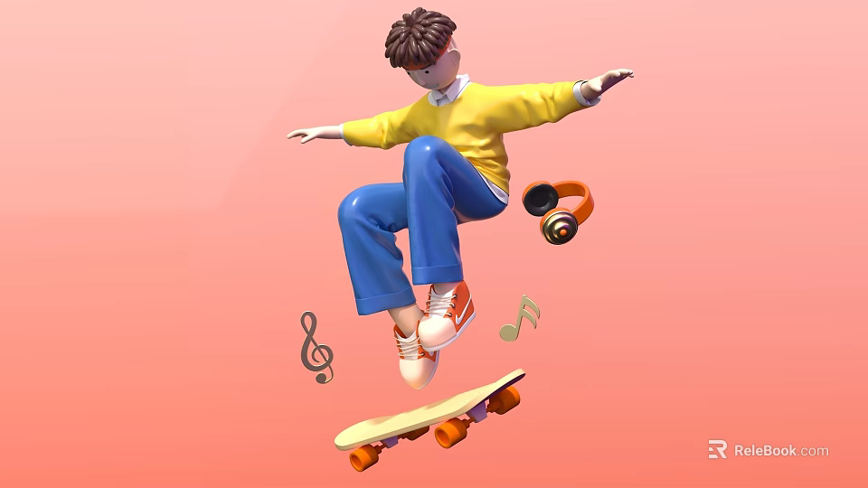 Vibrant Skateboard Photo Spot With Boy Headphones And Music Notes On Pink Background 3d model 