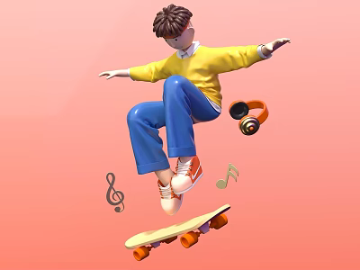 Vibrant Skateboard Photo Spot With Boy Headphones And Music Notes On Pink Background 3d model