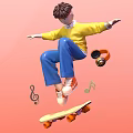 Vibrant Skateboard Photo Spot With Boy Headphones And Music Notes On Pink Background