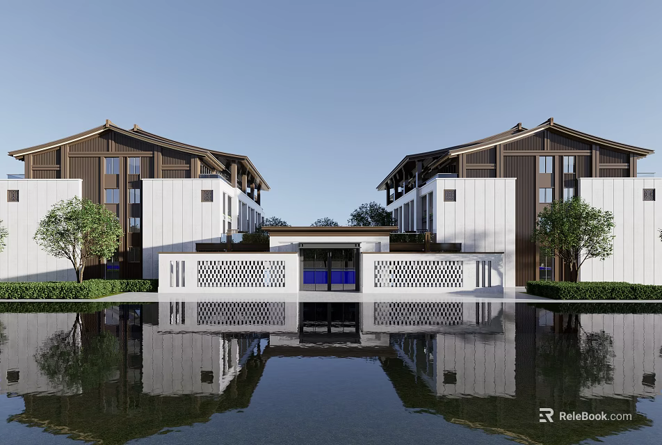 Modern Traditional Chinese Architecture With Symmetric Design Water Reflection And Trees 3d model 