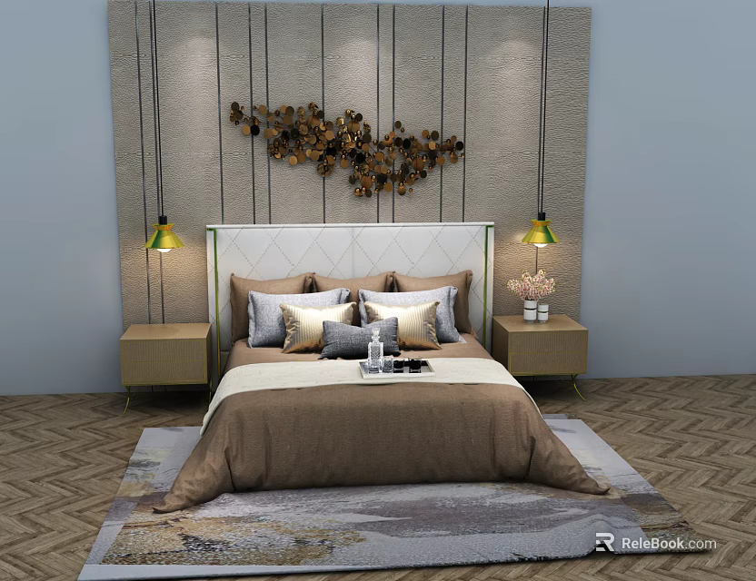 Luxurious Sofa Background Wall Design With Decorative Painting Table Lamps And Rug 3d model 
