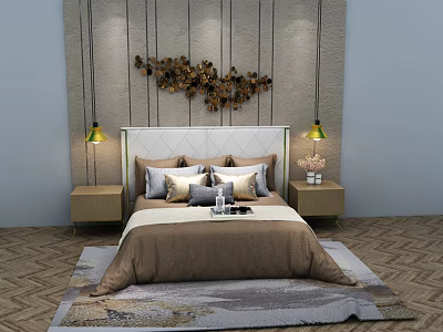 Luxurious Sofa Background Wall Design With Decorative Painting Table Lamps And Rug 3d model