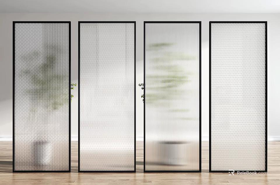 Modern Glass Partition Screens With Black Frames Textured Panels And Indoor Plants 3d model 