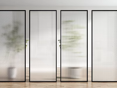 Modern Glass Partition Screens With Black Frames Textured Panels And Indoor Plants 3d model