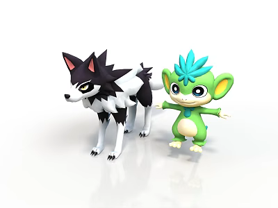 Cartoon Black White Wolf With Pointed Ears And Green Blue Haired Creature 3d model