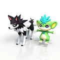 Cartoon Black White Wolf With Pointed Ears And Green Blue Haired Creature