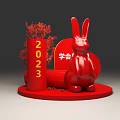 Red Rabbit Decorative Display with 2023 Pillar Association Elements and Red Plants 3d model