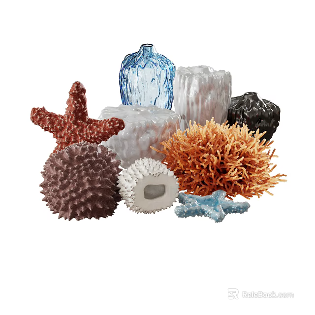 Marine Inspired Decorative Ornament Set With Colorful Starfish Coral Shell Glass Ceramic Pieces 3d model 