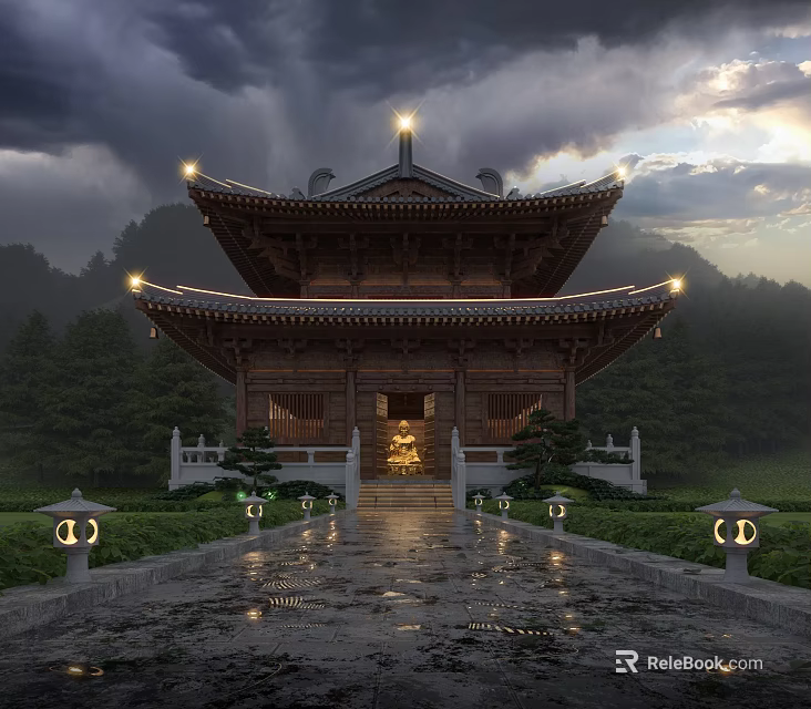 Traditional Ancient Chinese Architecture With Illuminated Roof Eaves Stone Path Lanterns And Greenery 3d model 