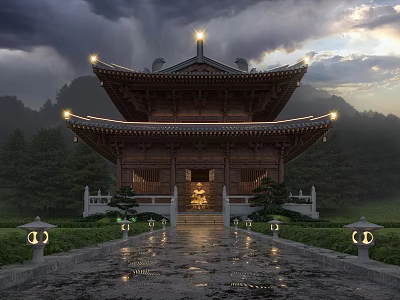 Traditional Ancient Chinese Architecture With Illuminated Roof Eaves Stone Path Lanterns And Greenery 3d model