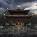 Traditional Ancient Chinese Architecture With Illuminated Roof Eaves Stone Path Lanterns And Greenery
