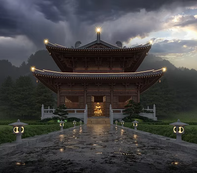 Traditional Ancient Chinese Architecture With Illuminated Roof Eaves Stone Path Lanterns And Greenery 3d model