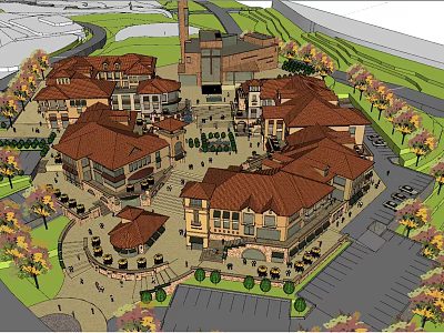Town Center Commercial Complex With Red Roofs Central Square Trees And Parking Area 3d model