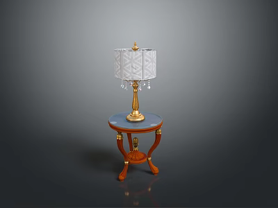 Classic Table Lamp And Side Table With White Patterned Lampshade Golden Base And Marble Tabletop 3d model