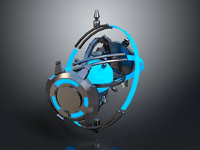 Futuristic Metallic Mechanical Device With Blue Glowing Elements And Circular Ring Design 3d model