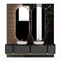 Modern Bathroom Vanity With Double Sinks Oval Mirrors And Marble Backdrop 3d model