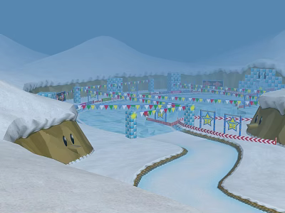 Snowy Ice Rink Fitness Activities With Colorful Flags And Curved Track For Sports 3d model