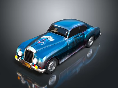 Blue Vintage Classic Car With Emblem Round Headlights And Silver Wheels 3d model
