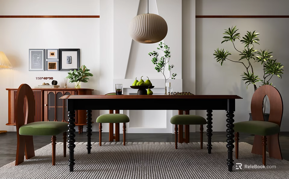 Warm Dining Table Combination With Dark Wooden Table Green Chairs Pendant Light And Plants 3d model 