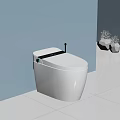 Smart White Toilet with Digital Control Panel Blue Wall White Marble Floor and Potted Plants
