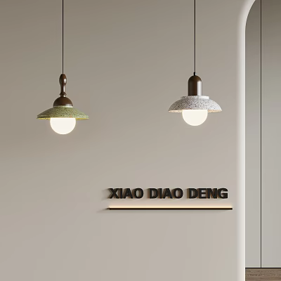 Two Pendant Lights With Green And Gray Shades Brown Wooden Base Hanging On Beige Wall 3d model