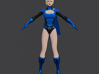 Female Game and Movie Character in Blue Costume with Black Cape Gloves and Boots 3d model