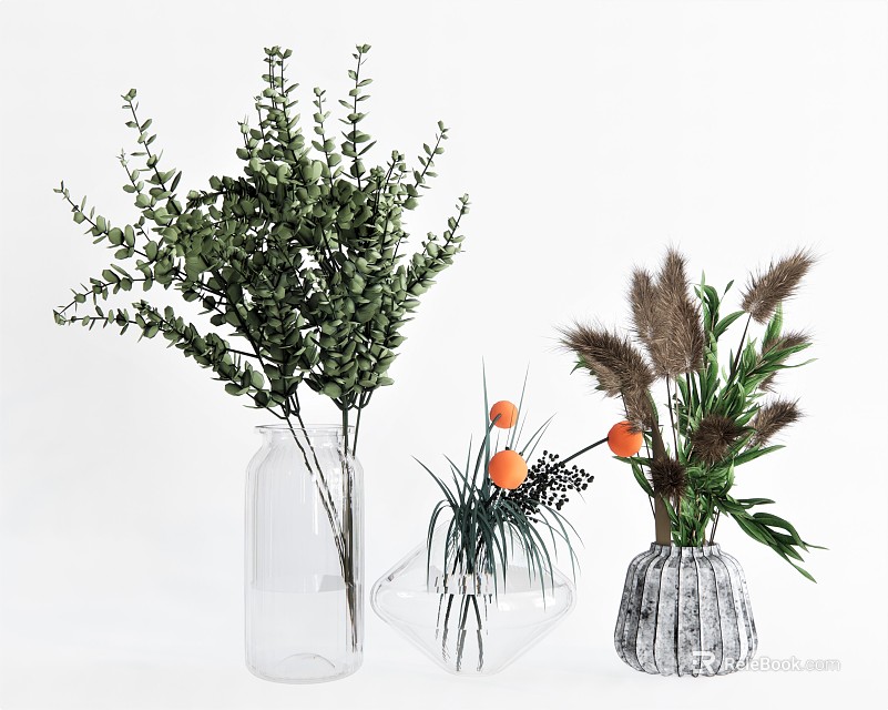 Decorative Transparent Geometric Textured Vases With Eucalyptus Orange Berries And Pampas Grass 3d model 
