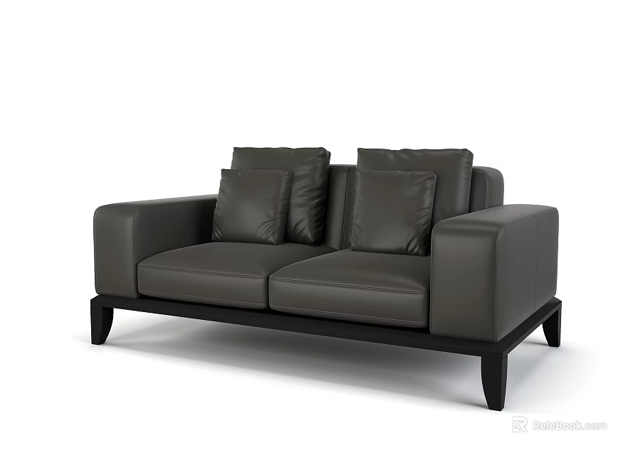 Dark Gray Leather Two Seater Sofa With Two Cushions Square Armrests And Black Slender Legs 3d model
