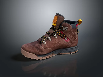 Brown Leather Hiking Boots With Thick Sole Yellow Laces And Orange Tag 3d model