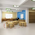 School Kindergarten Classroom Featuring Blue Yellow Walls Tables Chairs Bookshelves Windows And Green Pendant Lights