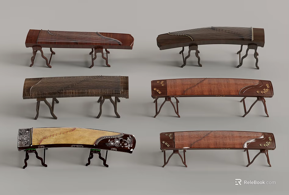 Various Styles Of Traditional Chinese Zithers With Wooden Bodies And Carved Patterns On Stands 3d model 